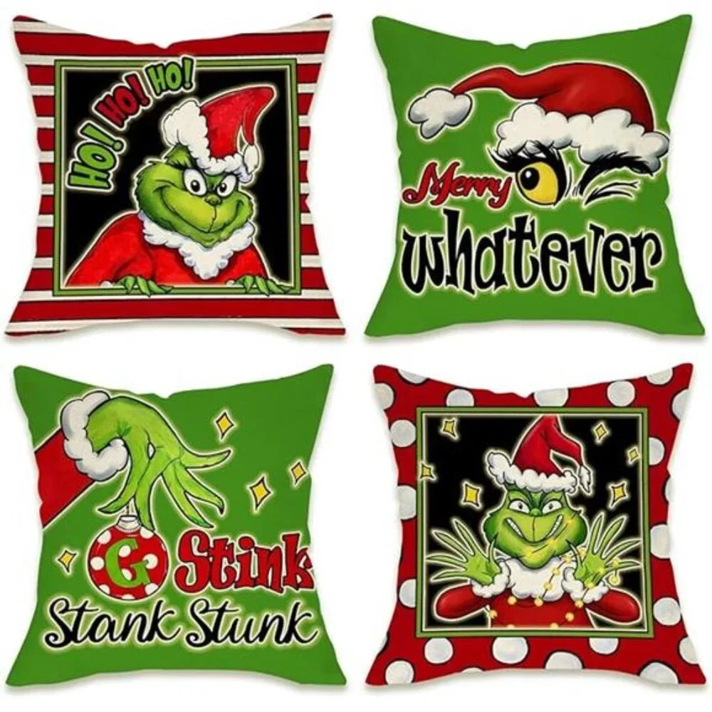 Set of 4 Merry Christmas Whatever Pillow Covers,16x16 Grinch-Themed Cushion Case